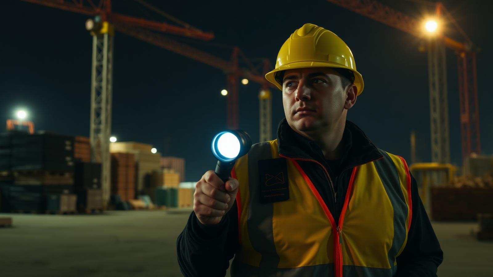 Unarmed Sacramento construction site security guard in a high-visibility vest patrolling with a flashlight at night beside cranes and stacked materials on a downtown Sacramento jobsite