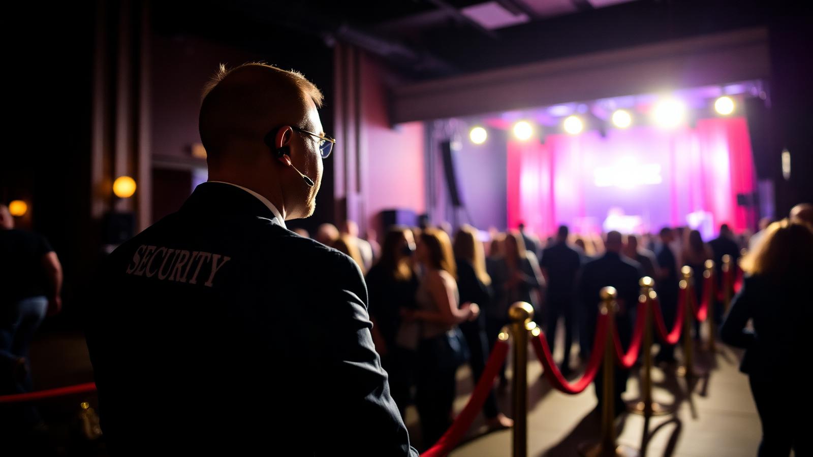 Unarmed Sacramento event security guard in a black suit with an earpiece managing a crowd at a concert venue entrance in downtown Sacramento