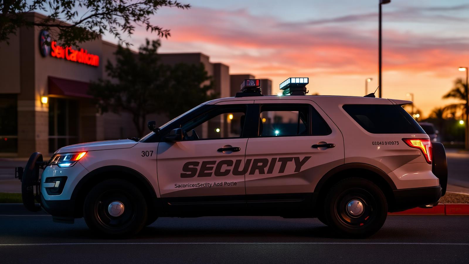 Marked Stormhammer Security unarmed mobile patrol SUV parked outside a Sacramento business complex at twilight in the greater Sacramento region